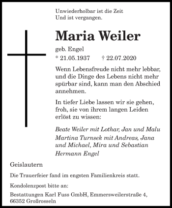 Todesanzeige von Maria Weiler von saarbruecker_zeitung