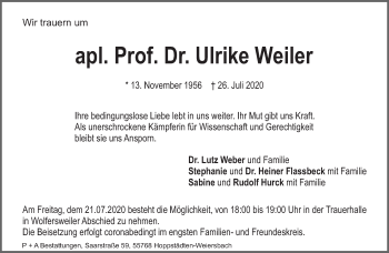 Todesanzeige von Ulrike Weiler von saarbruecker_zeitung