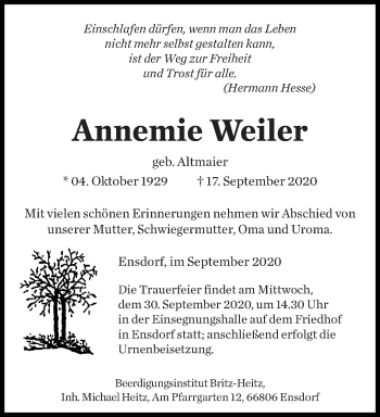 Todesanzeige von Annemie Weiler von saarbruecker_zeitung