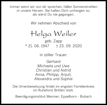 Todesanzeige von Helga Weiler von saarbruecker_zeitung