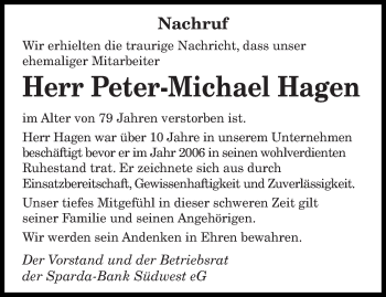 Todesanzeige von Peter-Michael Hagen von saarbruecker_zeitung