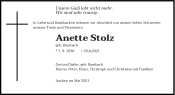 Todesanzeige von Anette Stolz von saarbruecker_zeitung