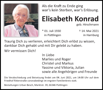 Todesanzeige von Elisabeth Konrad von saarbruecker_zeitung