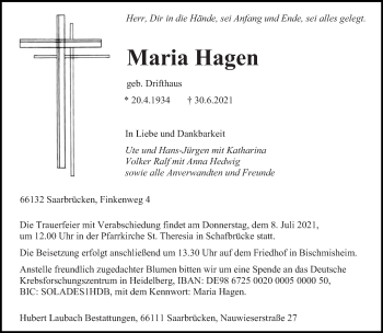 Todesanzeige von Maria Hagen von saarbruecker_zeitung