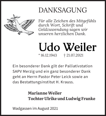 Todesanzeige von Udo Weiler von saarbruecker_zeitung