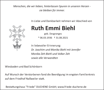 Todesanzeige von Ruth Emmi Biehl von saarbruecker_zeitung
