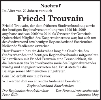 Todesanzeige von Friedel Trouvain von saarbruecker_zeitung