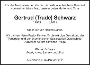 Todesanzeige von Gertrud Schwarz von saarbruecker_zeitung