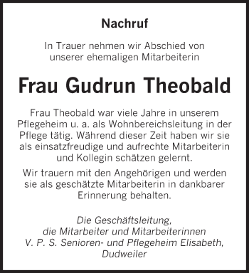 Todesanzeige von Gudrun Theobald von saarbruecker_zeitung