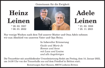 Todesanzeige von Heinz und Adele Leinen von saarbruecker_zeitung