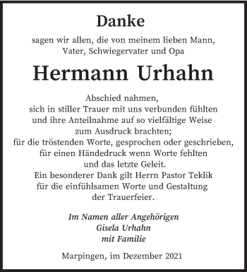 Todesanzeige von Hermann Urhahn von saarbruecker_zeitung