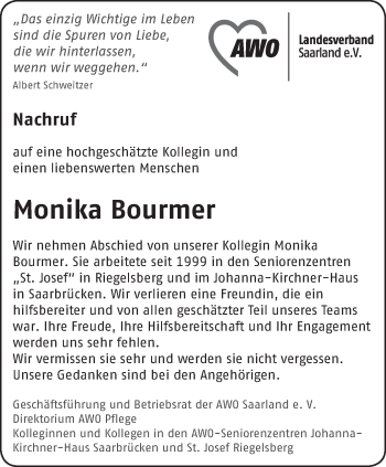 Todesanzeige von Monika Bourmer von saarbruecker_zeitung