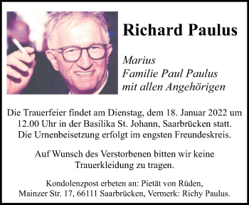 Todesanzeige von Richard Paulus von saarbruecker_zeitung