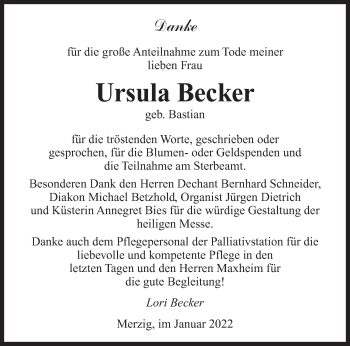 Todesanzeige von Ursula Becker von saarbruecker_zeitung