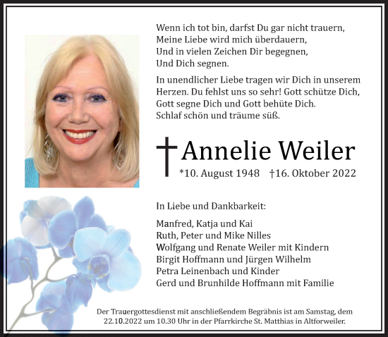 Todesanzeige von Annelie Weiler von saarbruecker_zeitung