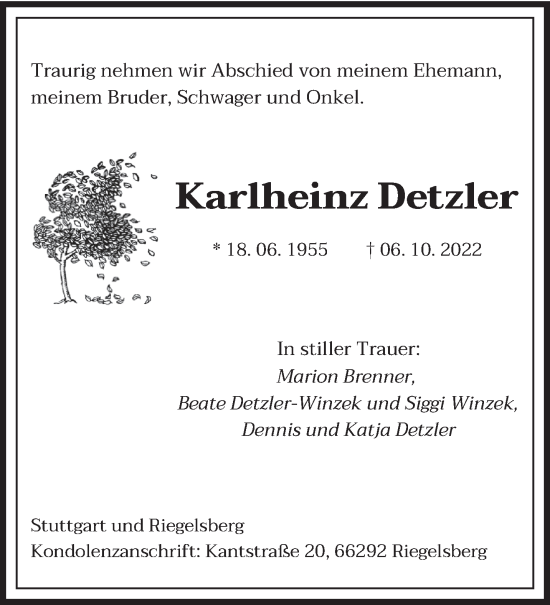 Todesanzeige von Karlheinz Detzler von saarbruecker_zeitung