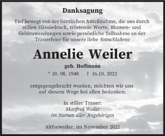 Todesanzeige von Annelie Weiler von saarbruecker_zeitung