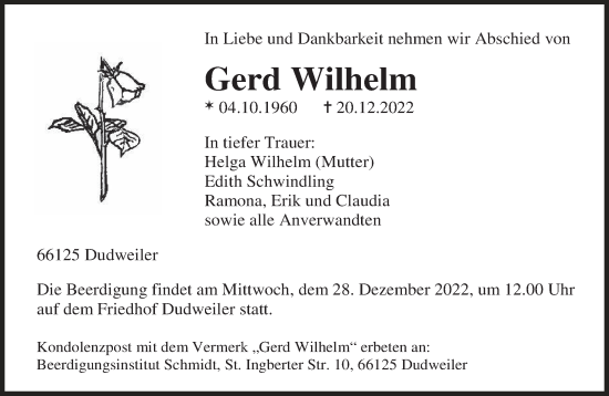 Todesanzeige von Gerd Wilhelm von saarbruecker_zeitung