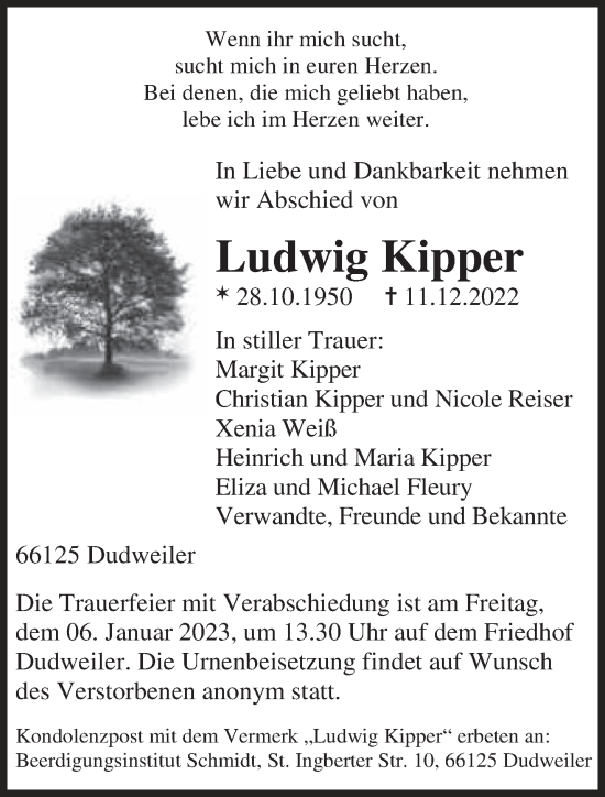 Todesanzeige von Ludwig Kipper von saarbruecker_zeitung