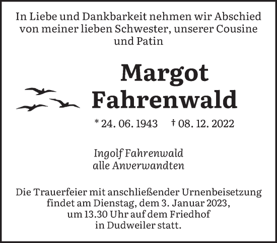 Todesanzeige von Margot Fahrenwald von saarbruecker_zeitung