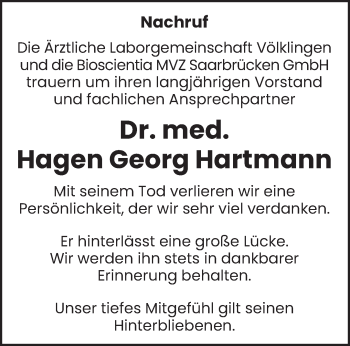 Todesanzeige von Hagen Georg Hartmann von saarbruecker_zeitung