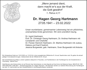 Todesanzeige von Hagen Georg Hartmann von saarbruecker_zeitung