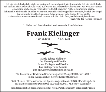 Todesanzeige von Frank Kielinger von saarbruecker_zeitung