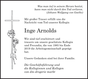 Todesanzeige von Inge Arnolds von saarbruecker_zeitung