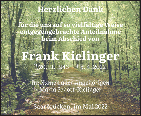 Todesanzeige von Frank Kielinger von saarbruecker_zeitung