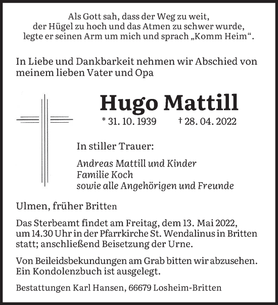 Todesanzeige von Hugo Mattill von saarbruecker_zeitung