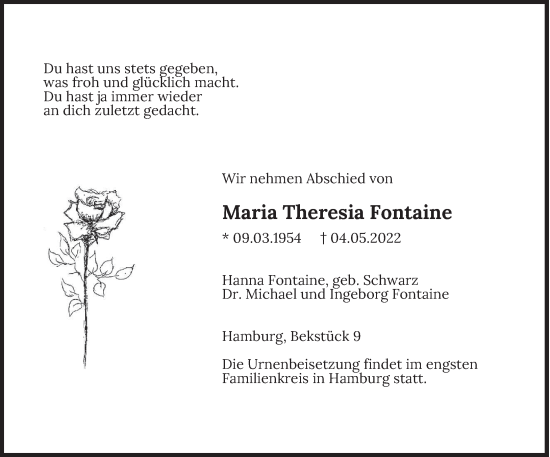 Todesanzeige von Maria Theresia Fontaine von saarbruecker_zeitung