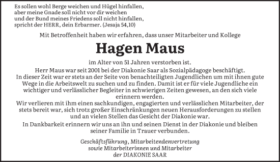 Todesanzeige von Hagen Maus von saarbruecker_zeitung