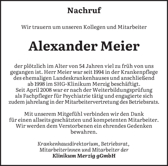 Todesanzeige von Alexander Meier von saarbruecker_zeitung