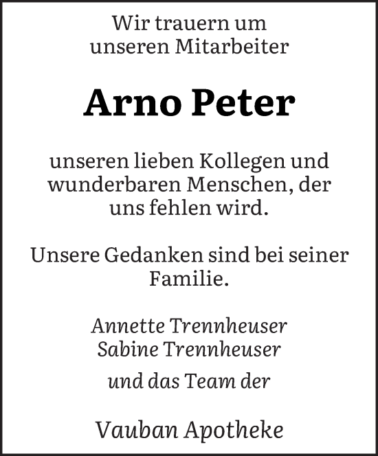 Todesanzeige von Arno Peter von saarbruecker_zeitung