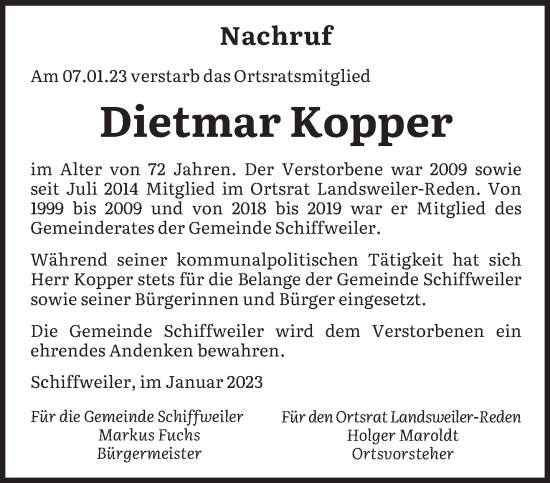 Todesanzeige von Dietmar Kopper von saarbruecker_zeitung