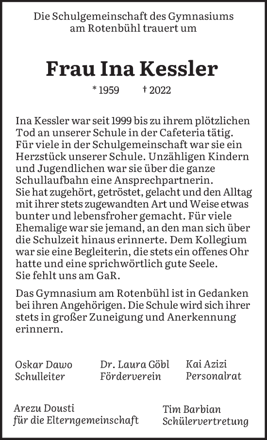 Todesanzeige von Ina Kessler von saarbruecker_zeitung