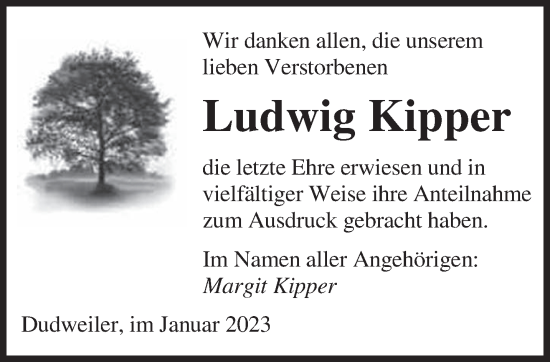 Todesanzeige von Ludwig Kipper von saarbruecker_zeitung