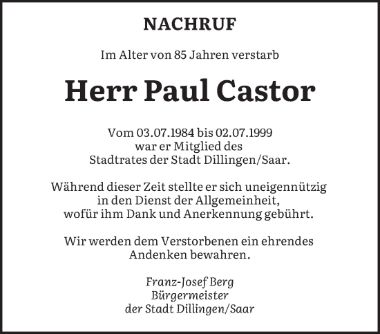 Todesanzeige von Paul Castor von saarbruecker_zeitung