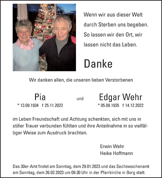 Todesanzeige von Pia und Edgar Wehr von saarbruecker_zeitung