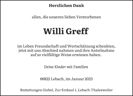 Todesanzeige von Willi Greif von saarbruecker_zeitung