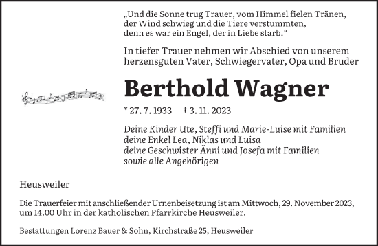 Todesanzeige von Berthold Wagner von saarbruecker_zeitung