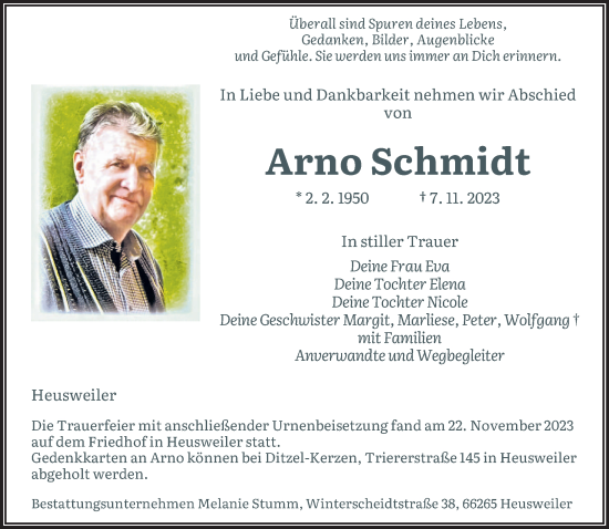 Todesanzeige von Arno Schmidt von saarbruecker_zeitung