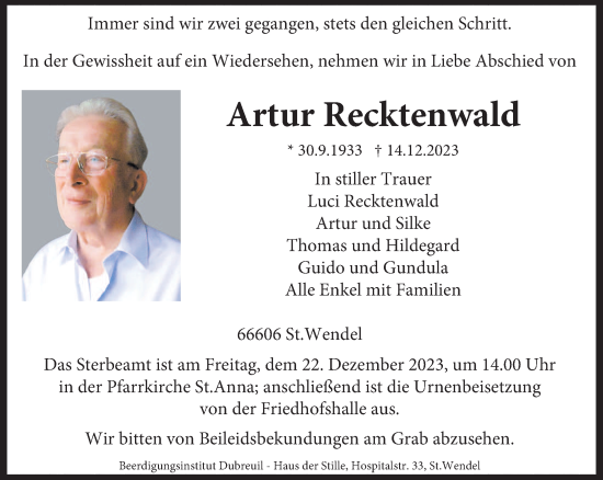 Todesanzeige von Artur Recktenwald von saarbruecker_zeitung