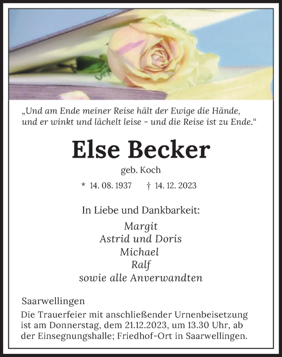 Todesanzeige von Else Becker von saarbruecker_zeitung