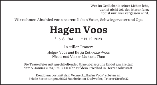 Todesanzeige von Hagen Voos von saarbruecker_zeitung