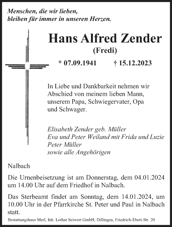 Todesanzeige von Hans Alfred Zender von saarbruecker_zeitung