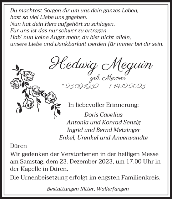 Todesanzeige von Hedwig Meguin von saarbruecker_zeitung