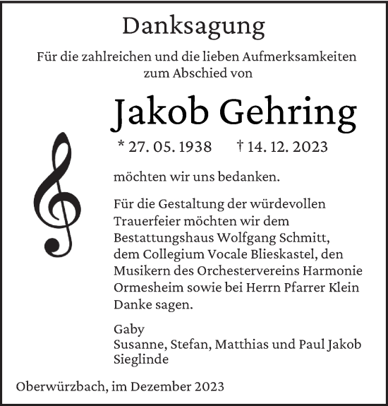 Todesanzeige von Jakob Gehring von saarbruecker_zeitung