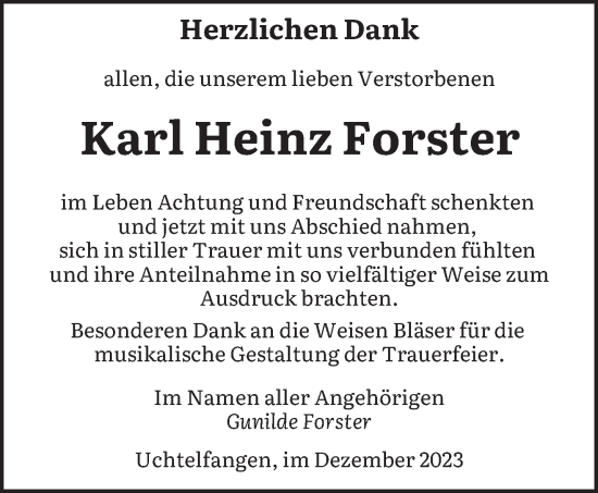 Todesanzeige von Karl Heinz Forster von saarbruecker_zeitung