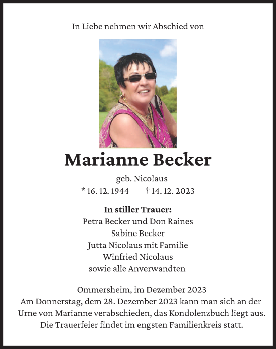 Todesanzeige von Marianne Becker von saarbruecker_zeitung